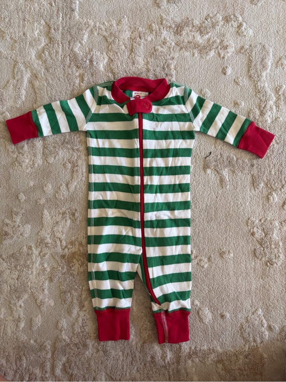 Hanna Andersson Green & White Striped Footie with Red Trim